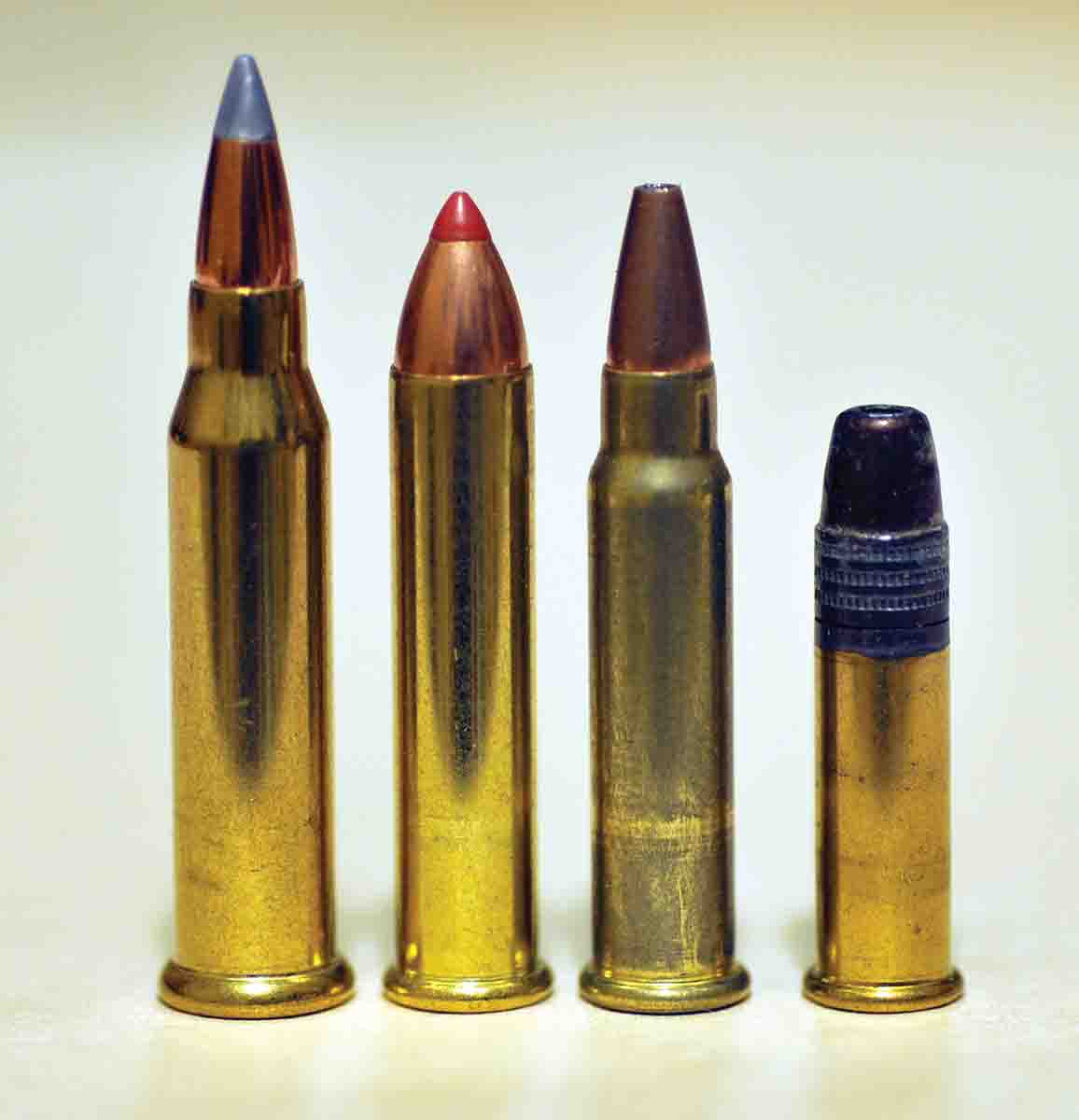 Left, the .17 WSM’s case (originally designed for industrial impact tools) shows the cartridge’s overall length and size is much different than the .22 WMR, .17 HMR and .22 Long Rifle cartridges.